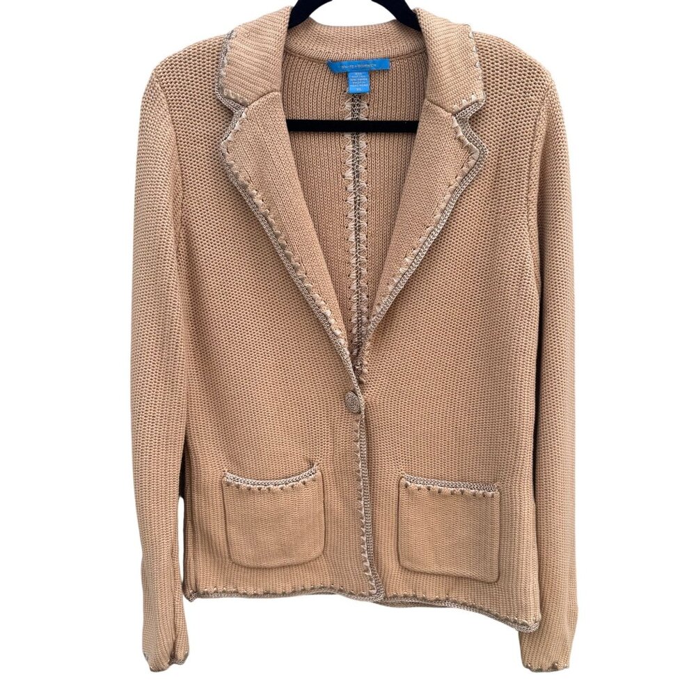 White + Warren Beige Knit Blazer Cardigan Jacket Knit Crochet Trim Womens‎ XL